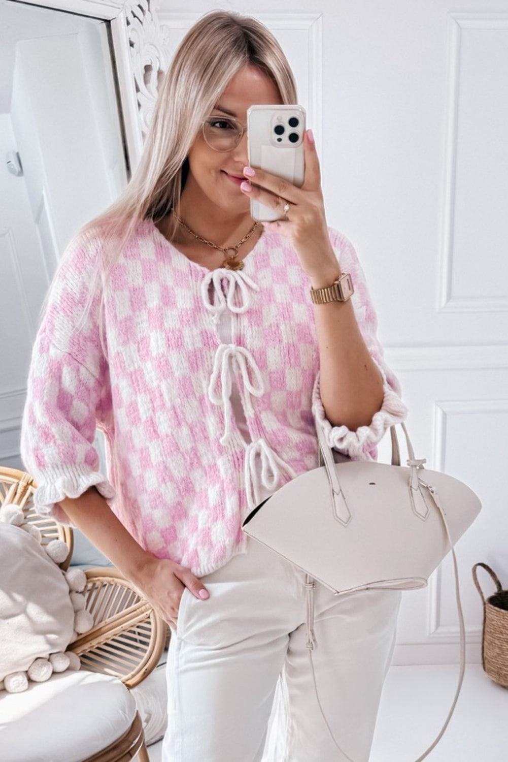 Light Pink Checkered Knitted Tie front Ruffled 3/4 Sleeve Cardigan