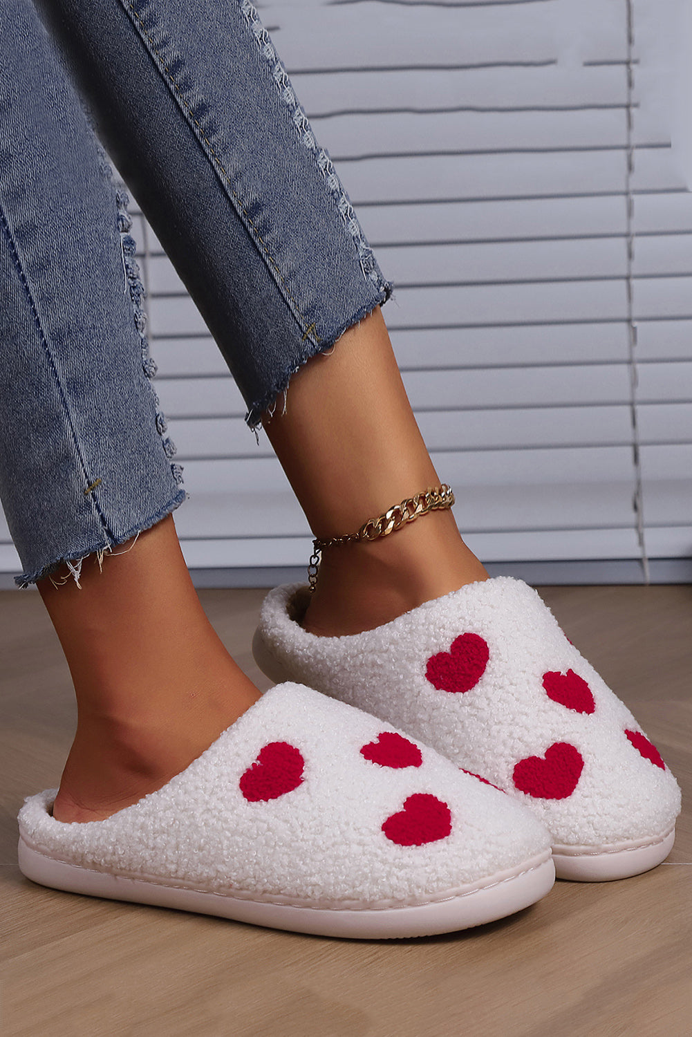 White Valentines Day Hearts Print Plush House Slippers, christmas gift,cozy slippers,gift,trendy slippers,valentines day,womens slippers