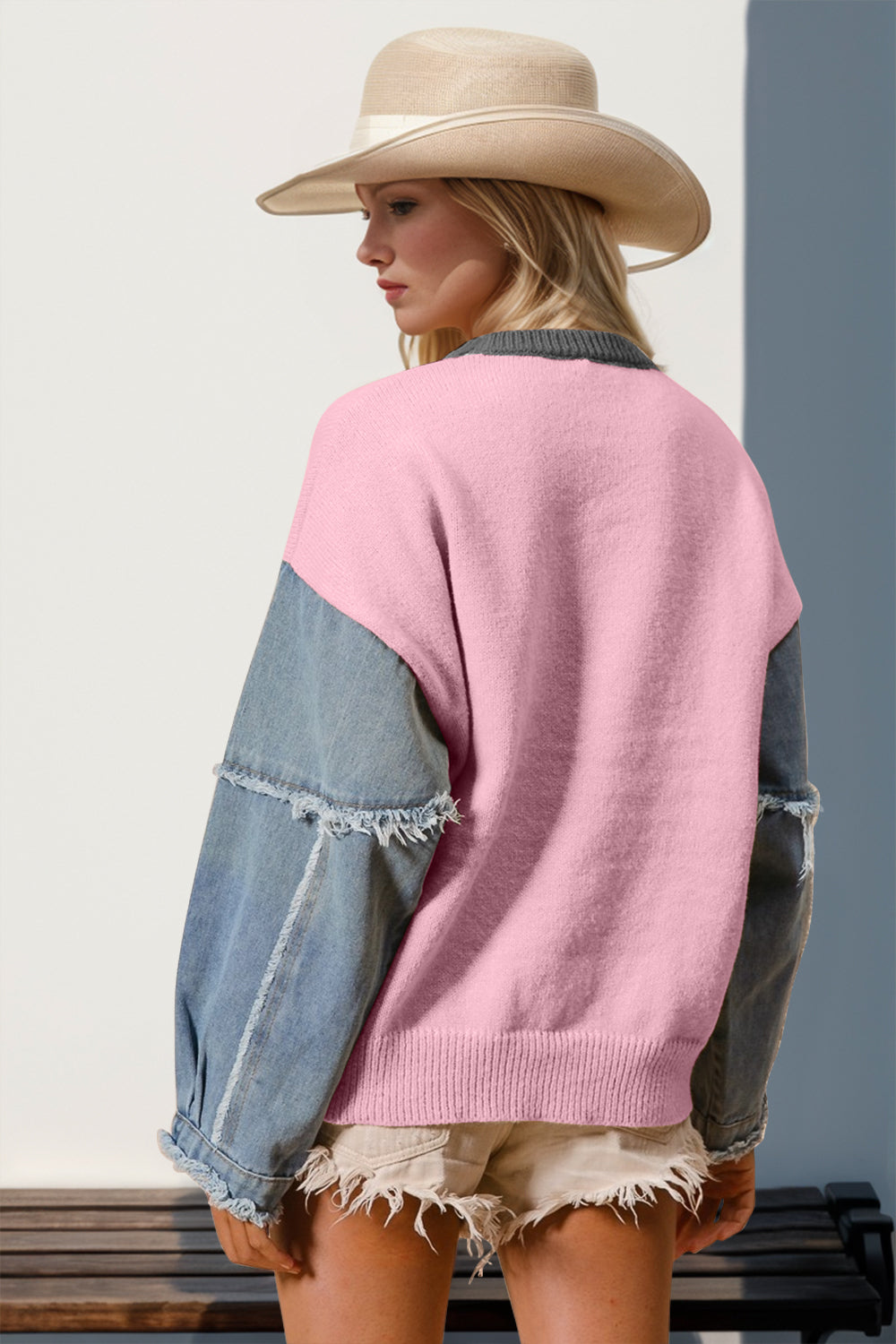 Double Take Star Front Raw Edge Sweater with Denim Sleeves