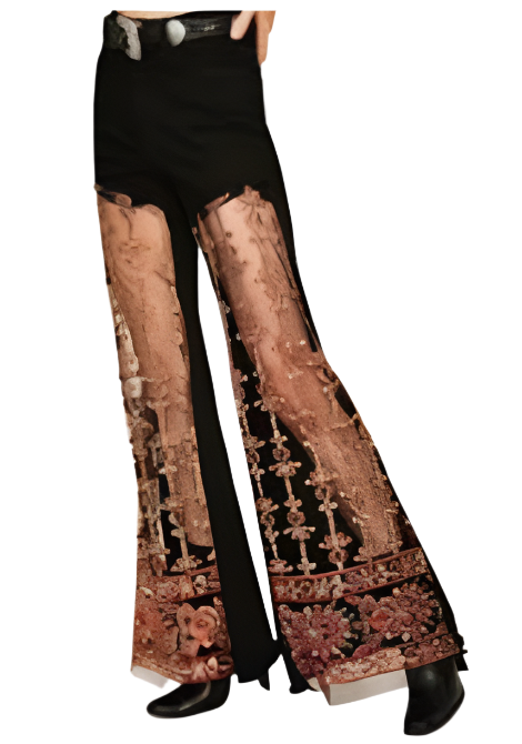 High-Rise Bell Bottom Lunar Jeans with Gold & Red Sheer Lace Insert