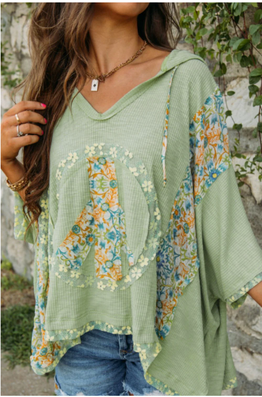 Peace Patch Batwing Sleeve Hooded Blouse