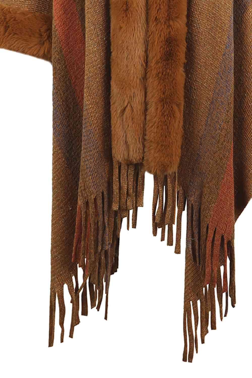 Color Block Fringe Detail Poncho - La Pink