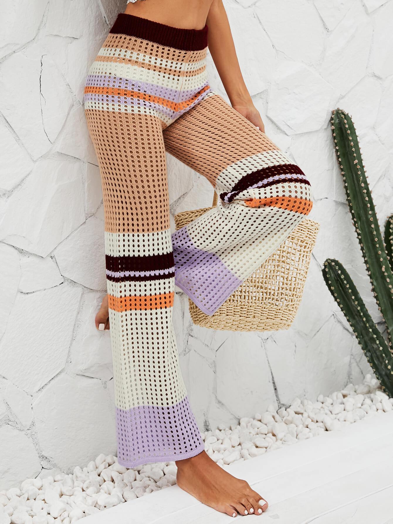 Color Block Openwork Knit Pants - La Pink