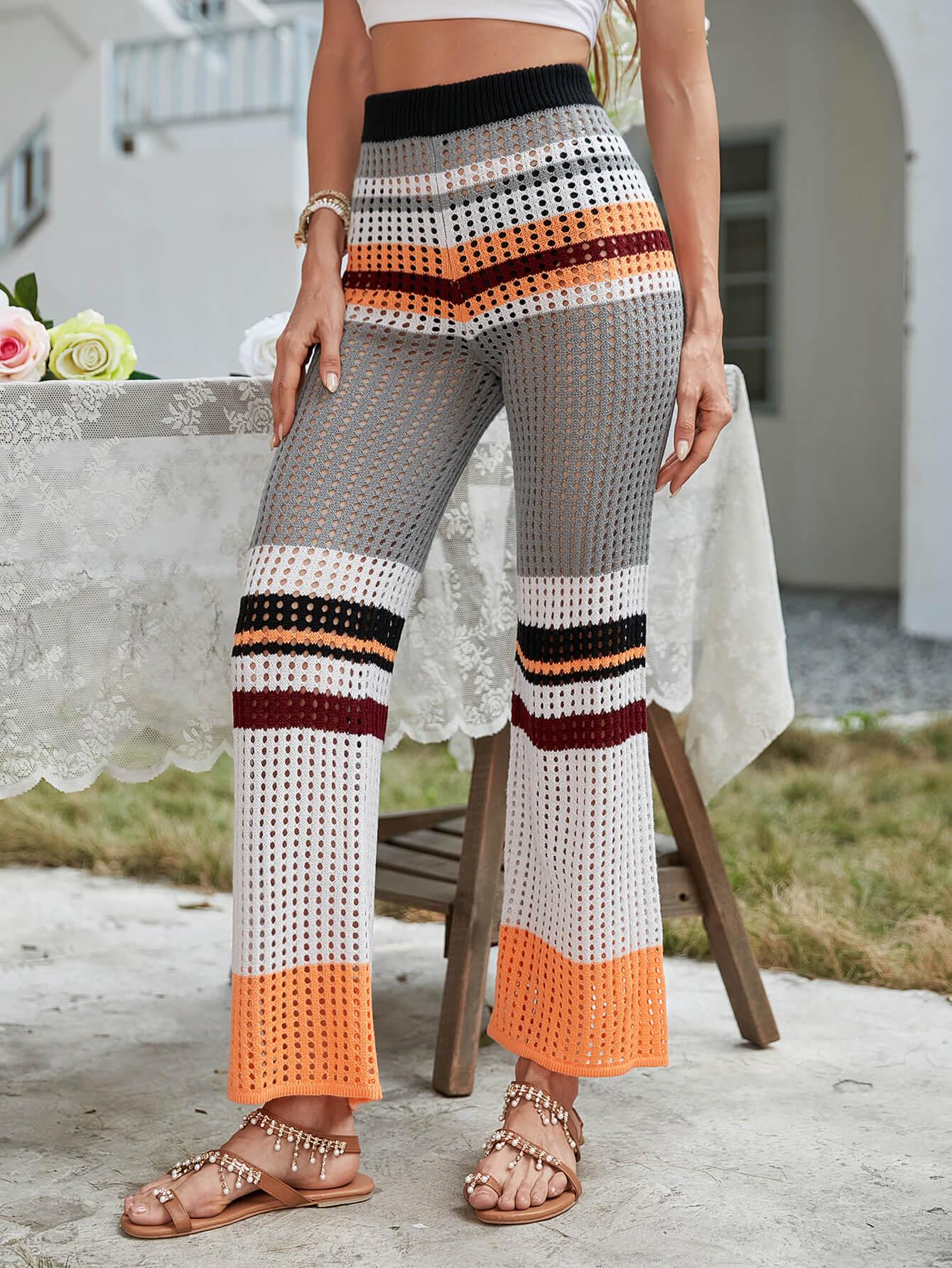Color Block Openwork Knit Pants - La Pink