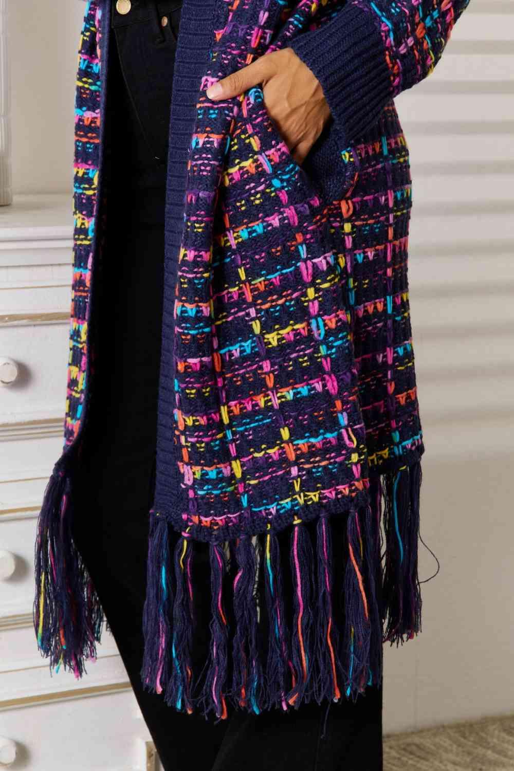 Fringe Hem Open Front Cardigan - La Pink