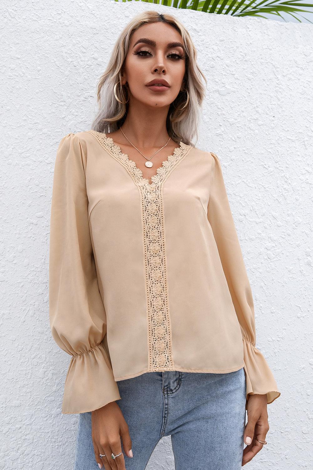 Lace Trim Flounce Sleeve Blouse - La Pink