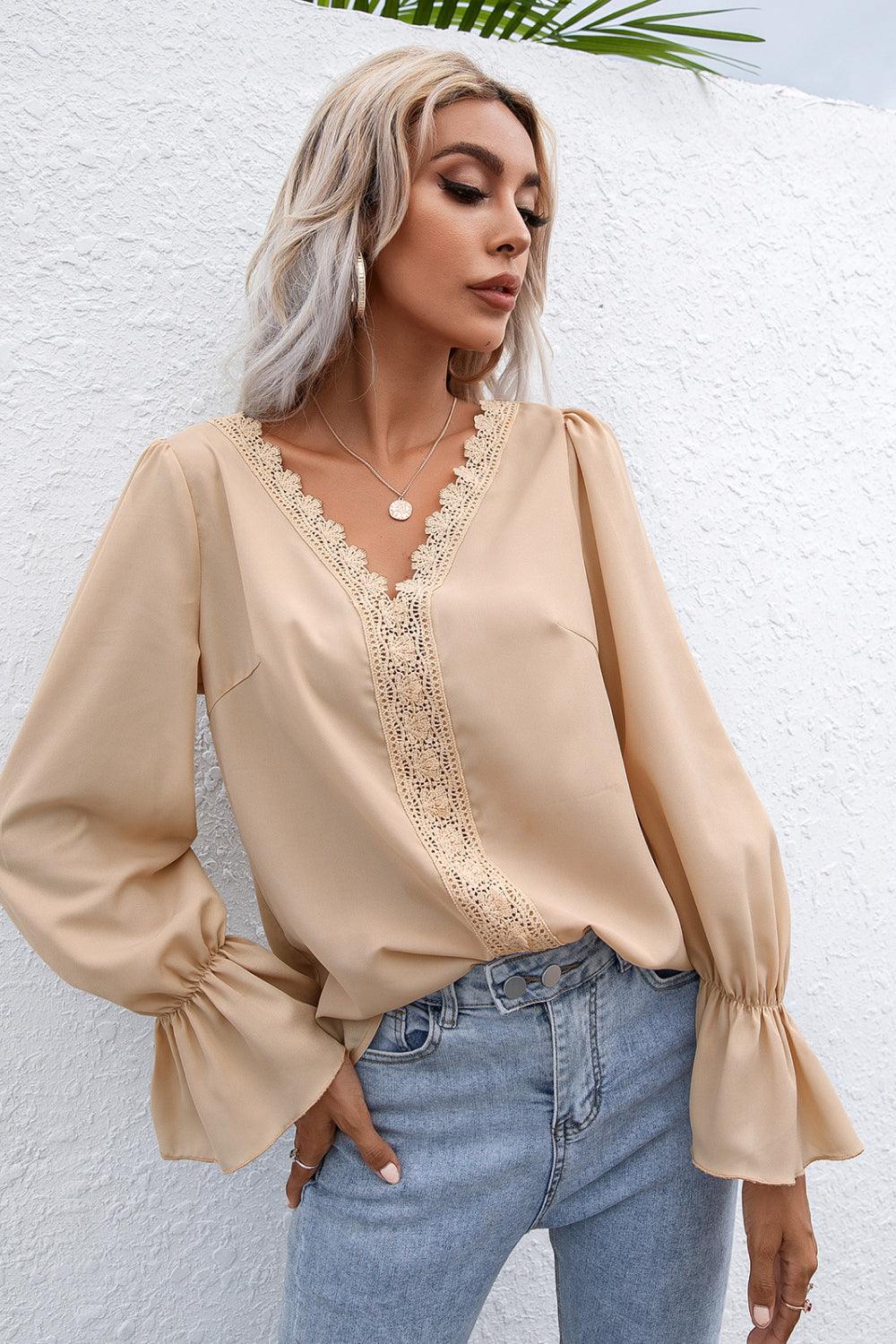 Lace Trim Flounce Sleeve Blouse - La Pink