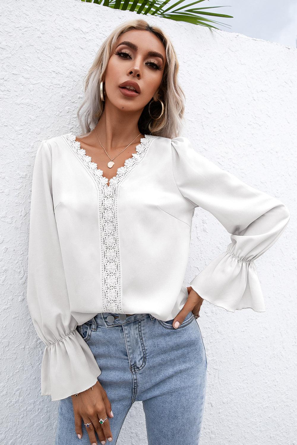 Lace Trim Flounce Sleeve Blouse - La Pink
