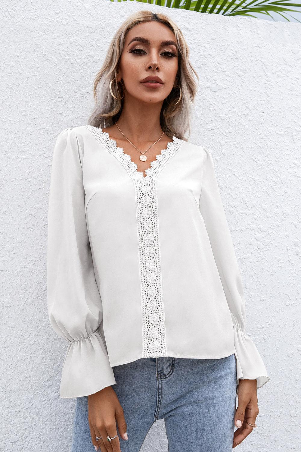 Lace Trim Flounce Sleeve Blouse - La Pink