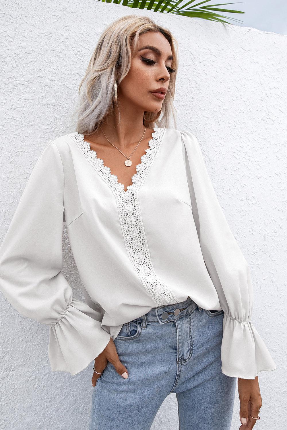 Lace Trim Flounce Sleeve Blouse - La Pink