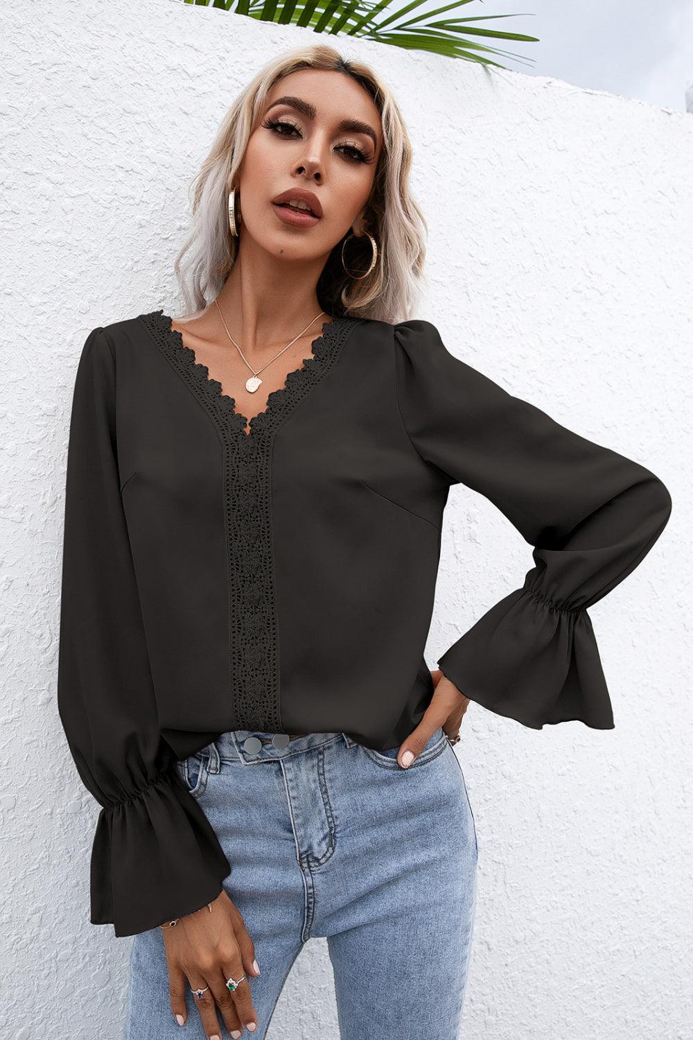 Lace Trim Flounce Sleeve Blouse - La Pink