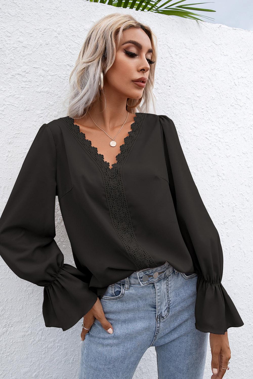 Lace Trim Flounce Sleeve Blouse - La Pink