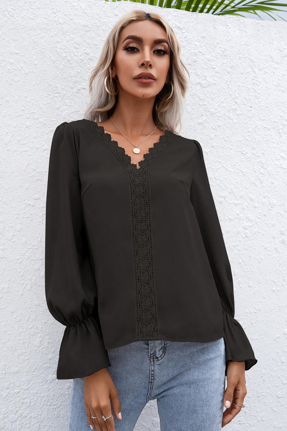 Lace Trim Flounce Sleeve Blouse - La Pink