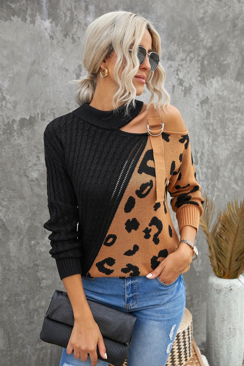 Leopard Block Turtleneck Sweater - La Pink