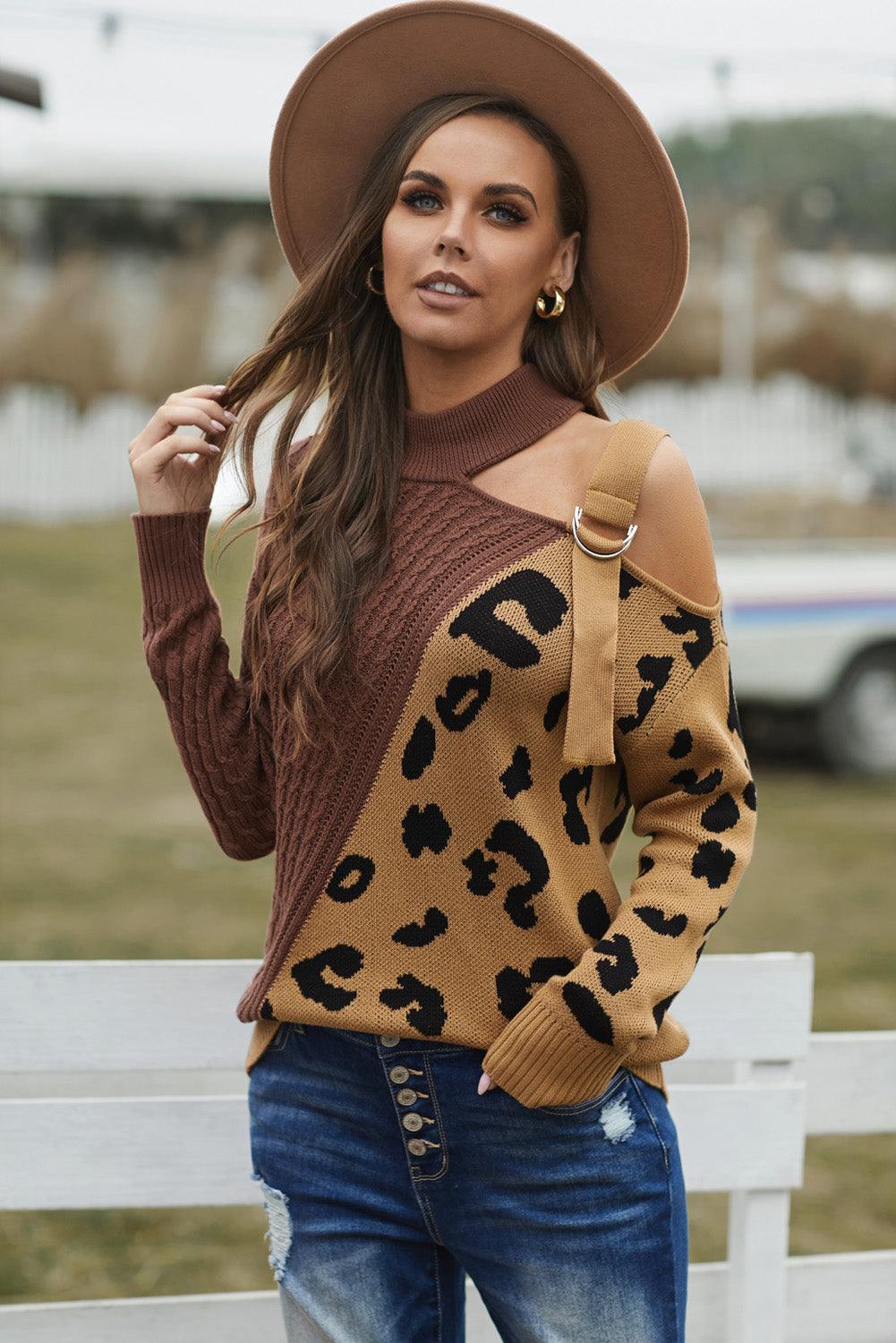Leopard Block Turtleneck Sweater - La Pink