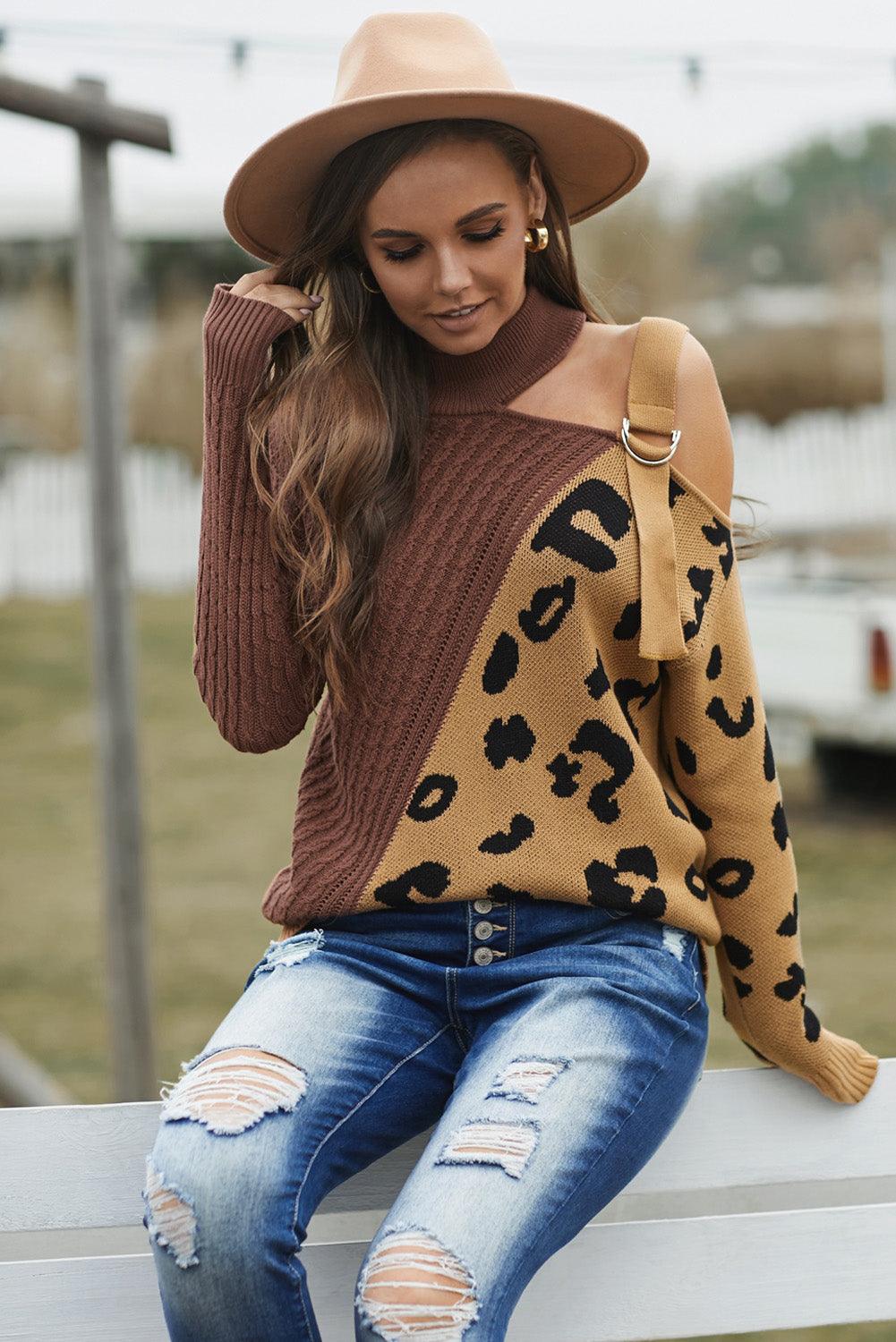 Leopard Block Turtleneck Sweater - La Pink