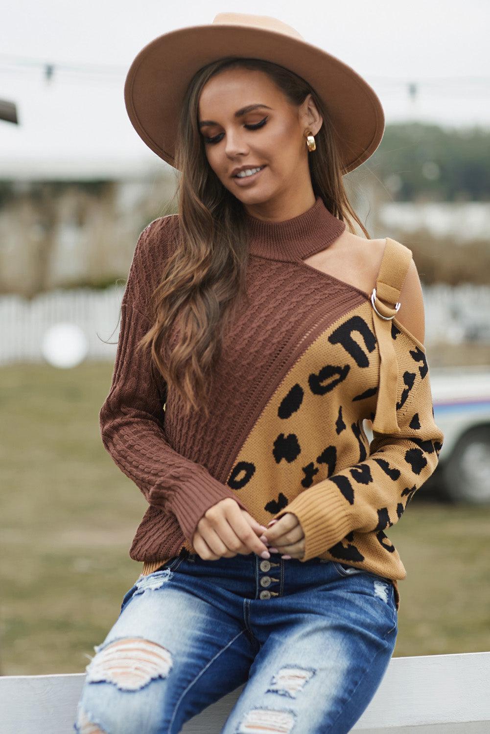 Leopard Block Turtleneck Sweater - La Pink