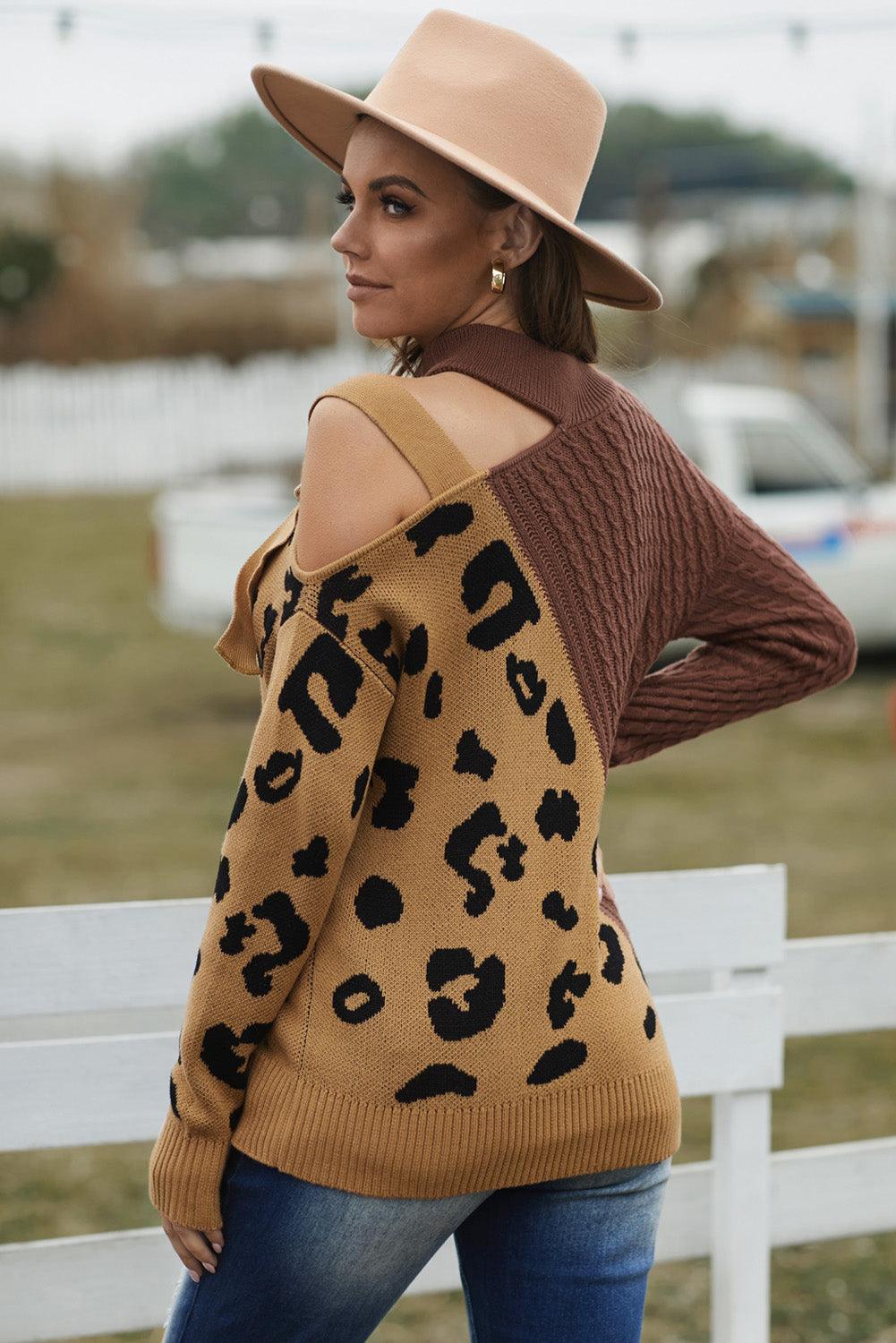Leopard Block Turtleneck Sweater - La Pink