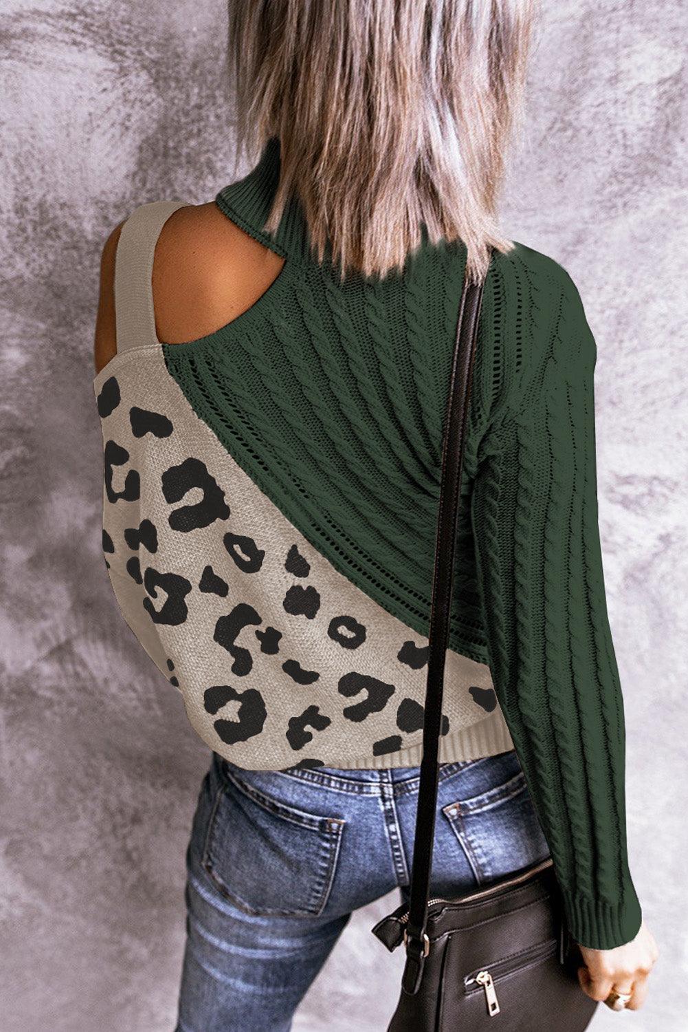Leopard Block Turtleneck Sweater - La Pink