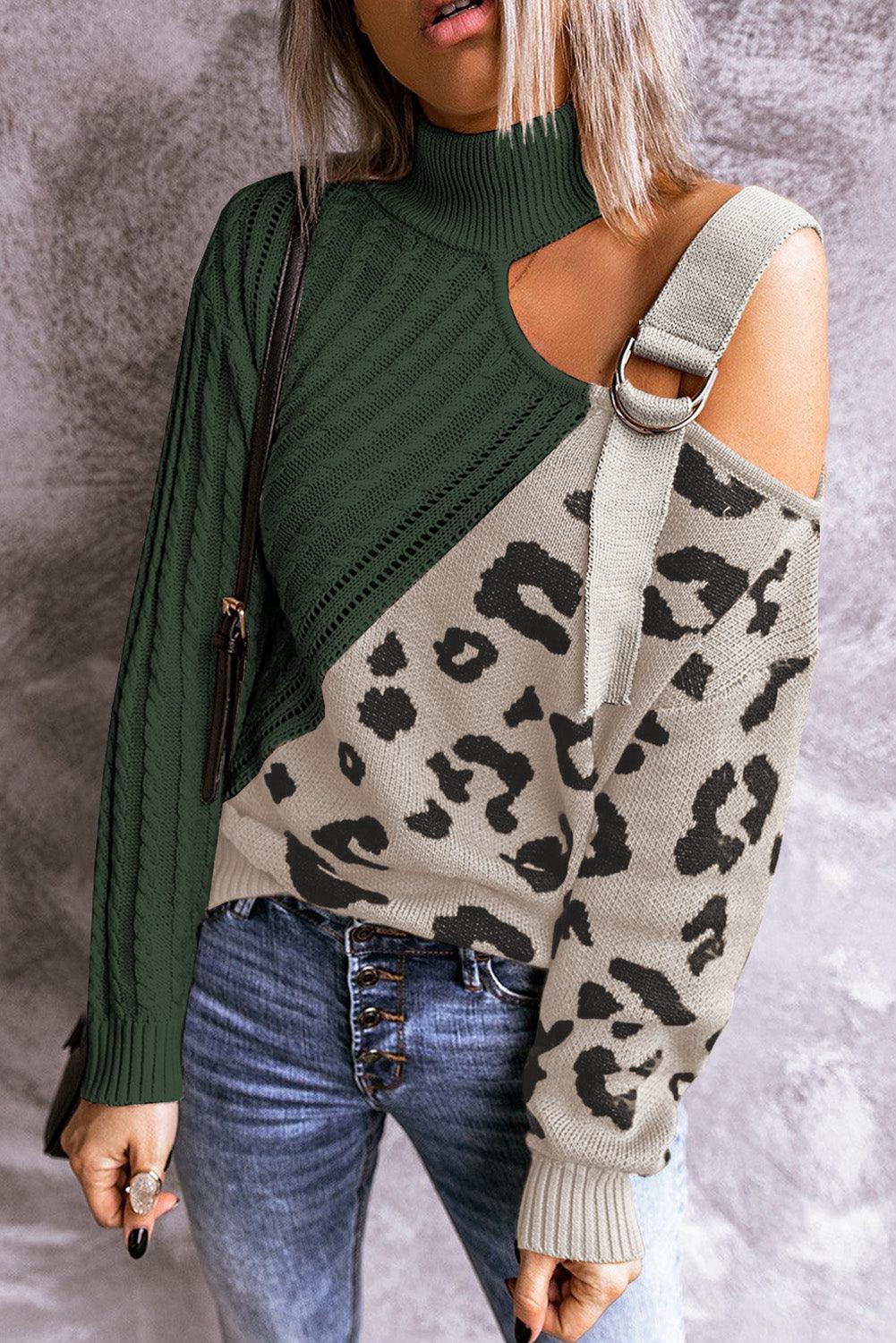 Leopard Block Turtleneck Sweater - La Pink