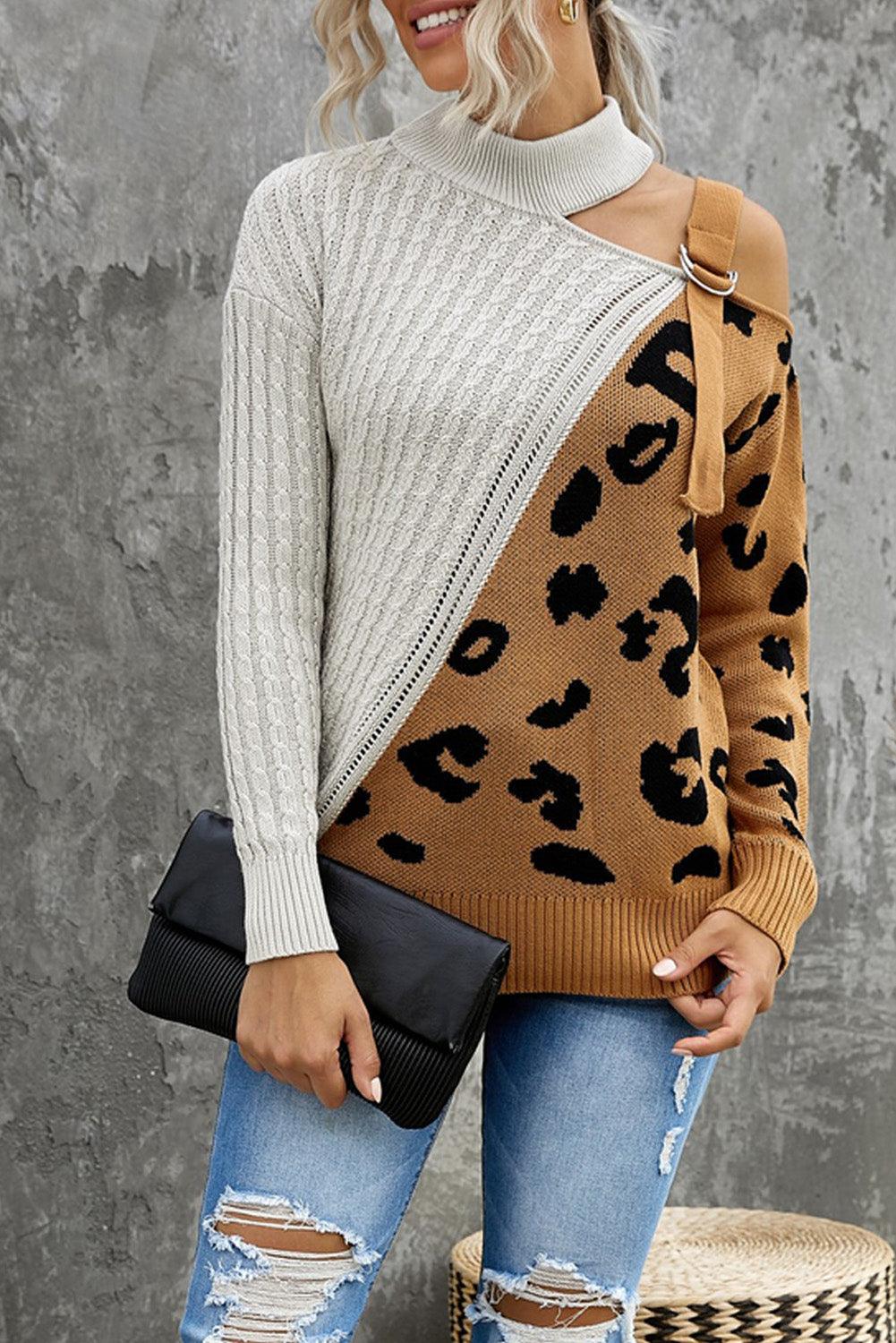 Leopard Block Turtleneck Sweater - La Pink