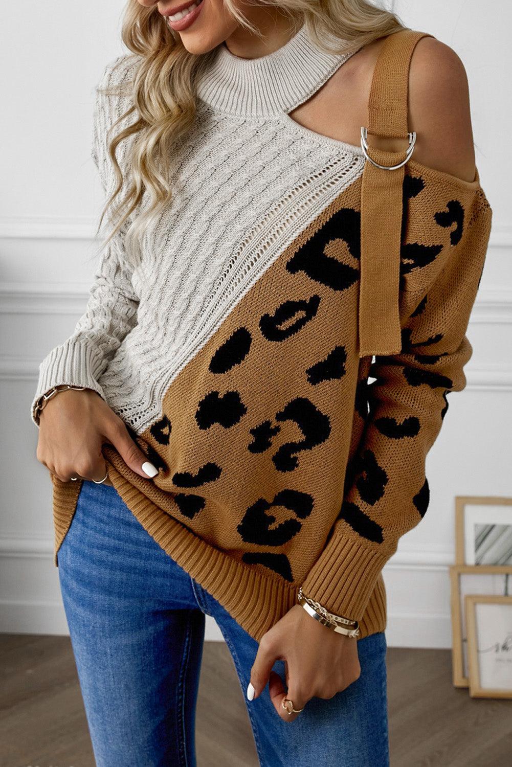 Leopard Block Turtleneck Sweater - La Pink