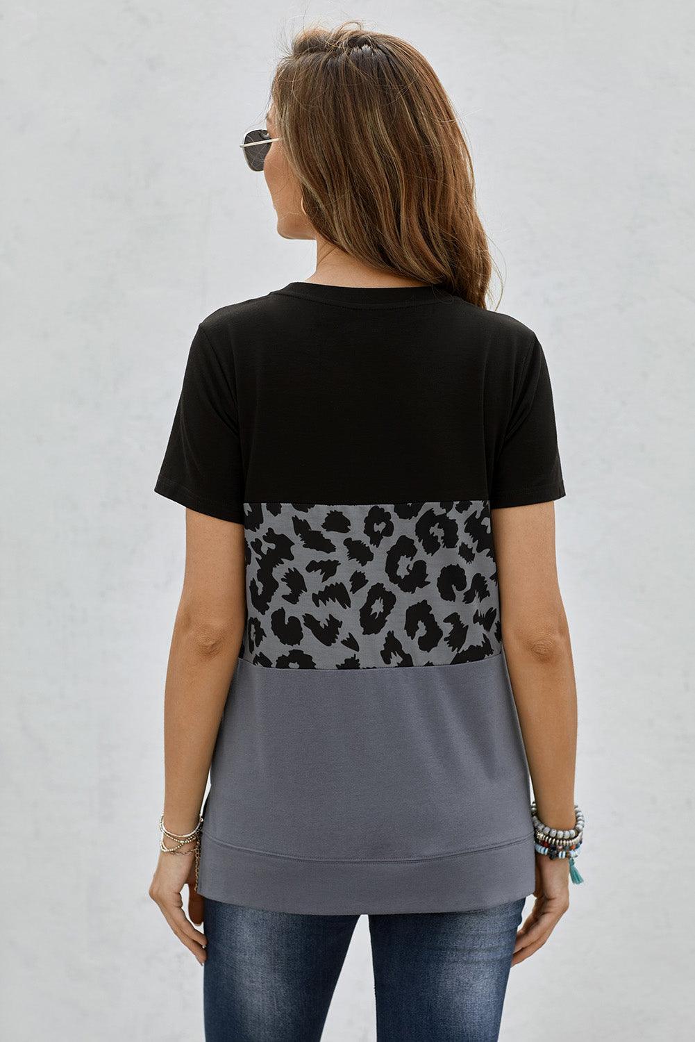 Leopard Print Color Block Short Sleeve T-Shirt - La Pink