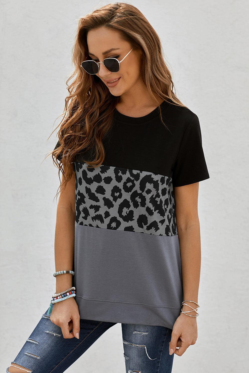 Leopard Print Color Block Short Sleeve T-Shirt - La Pink