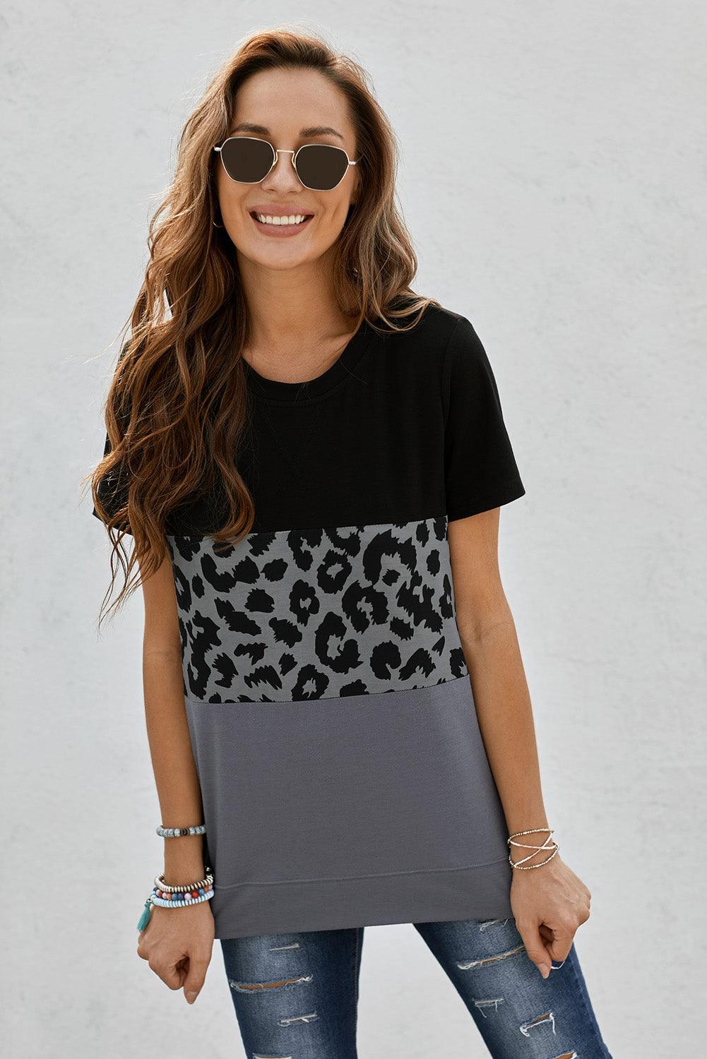 Leopard Print Color Block Short Sleeve T-Shirt - La Pink
