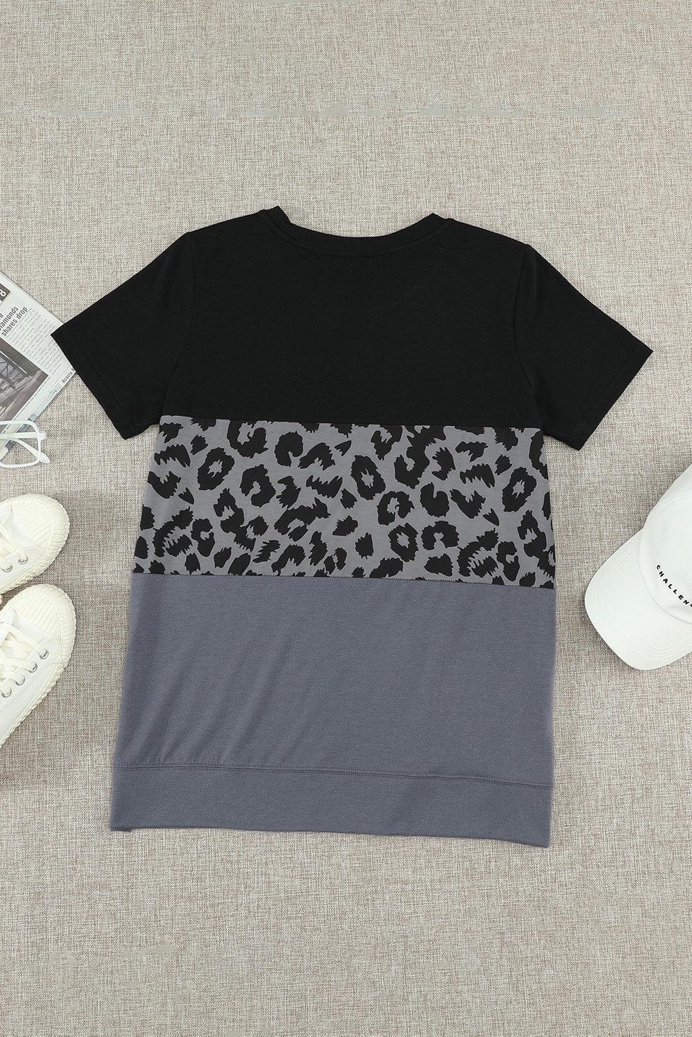 Leopard Print Color Block Short Sleeve T-Shirt - La Pink