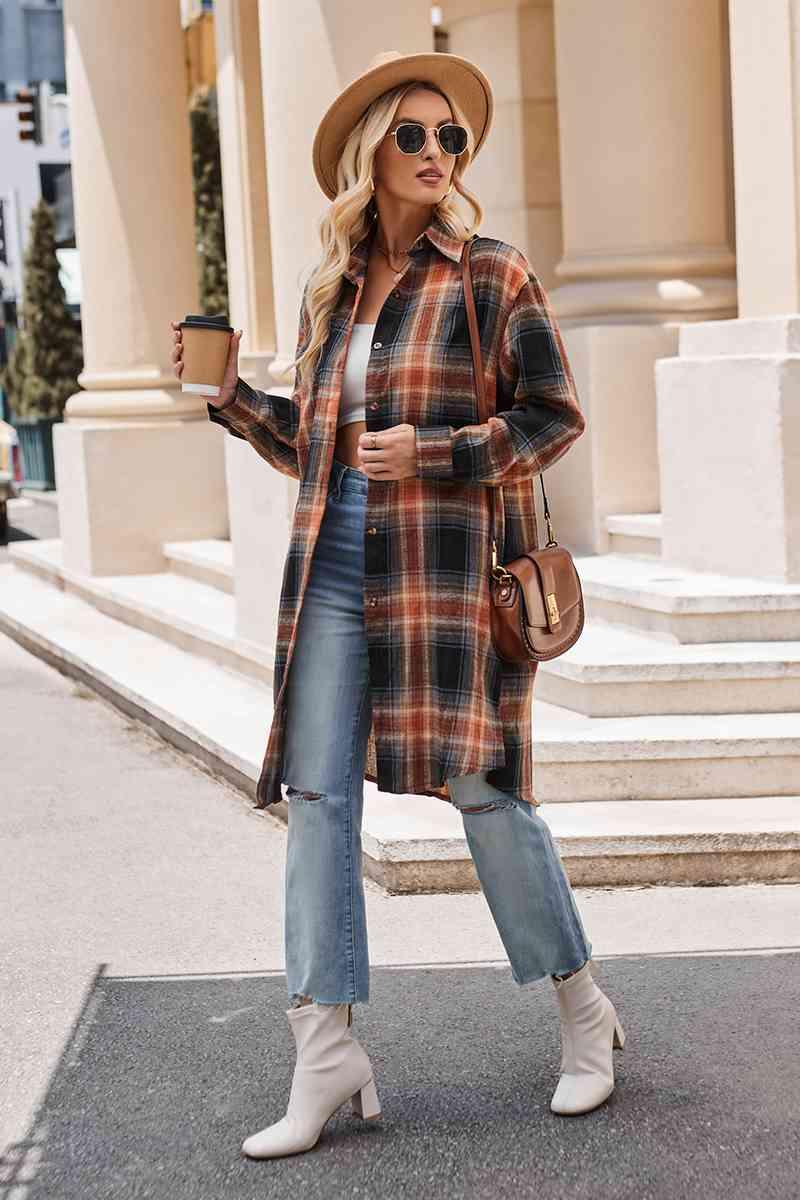 Plaid Collared Neck Long Sleeve Coat - La Pink