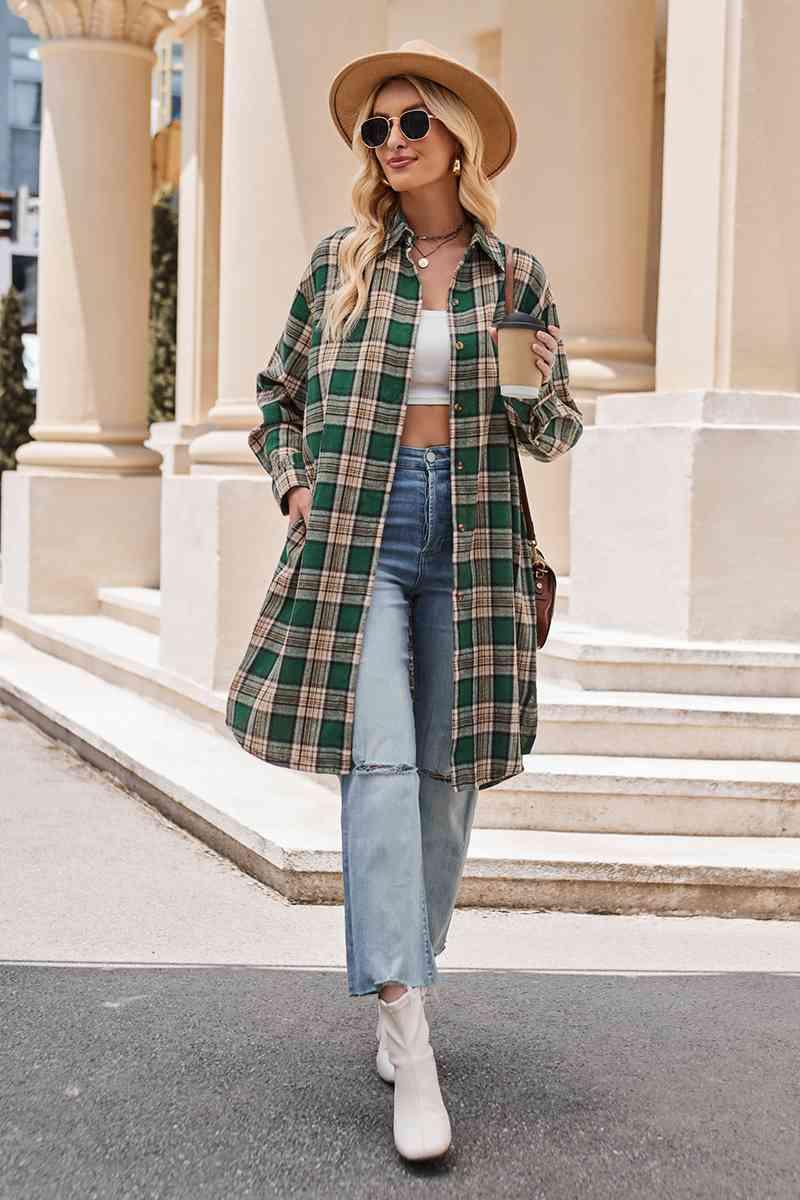 Plaid Collared Neck Long Sleeve Coat - La Pink
