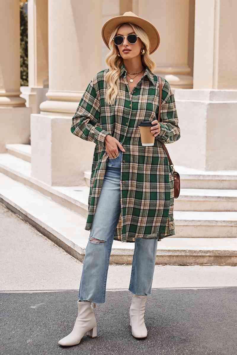Plaid Collared Neck Long Sleeve Coat - La Pink