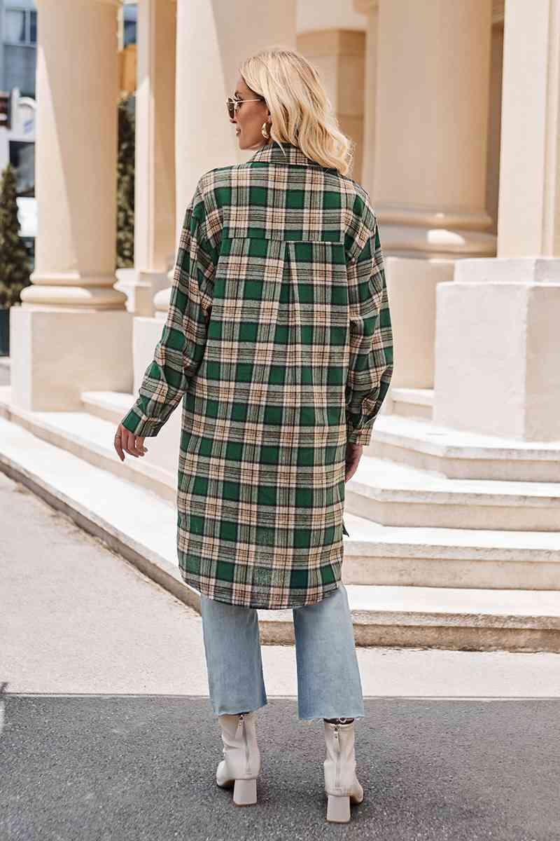 Plaid Collared Neck Long Sleeve Coat - La Pink