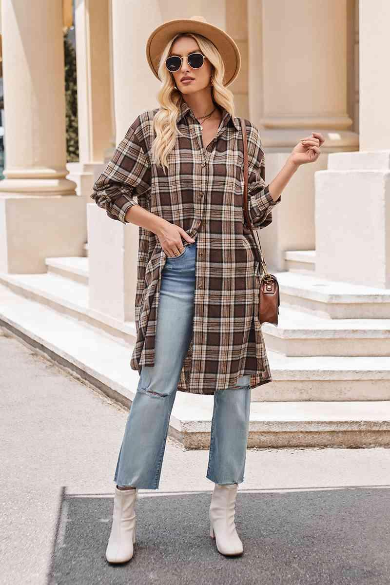 Plaid Collared Neck Long Sleeve Coat - La Pink