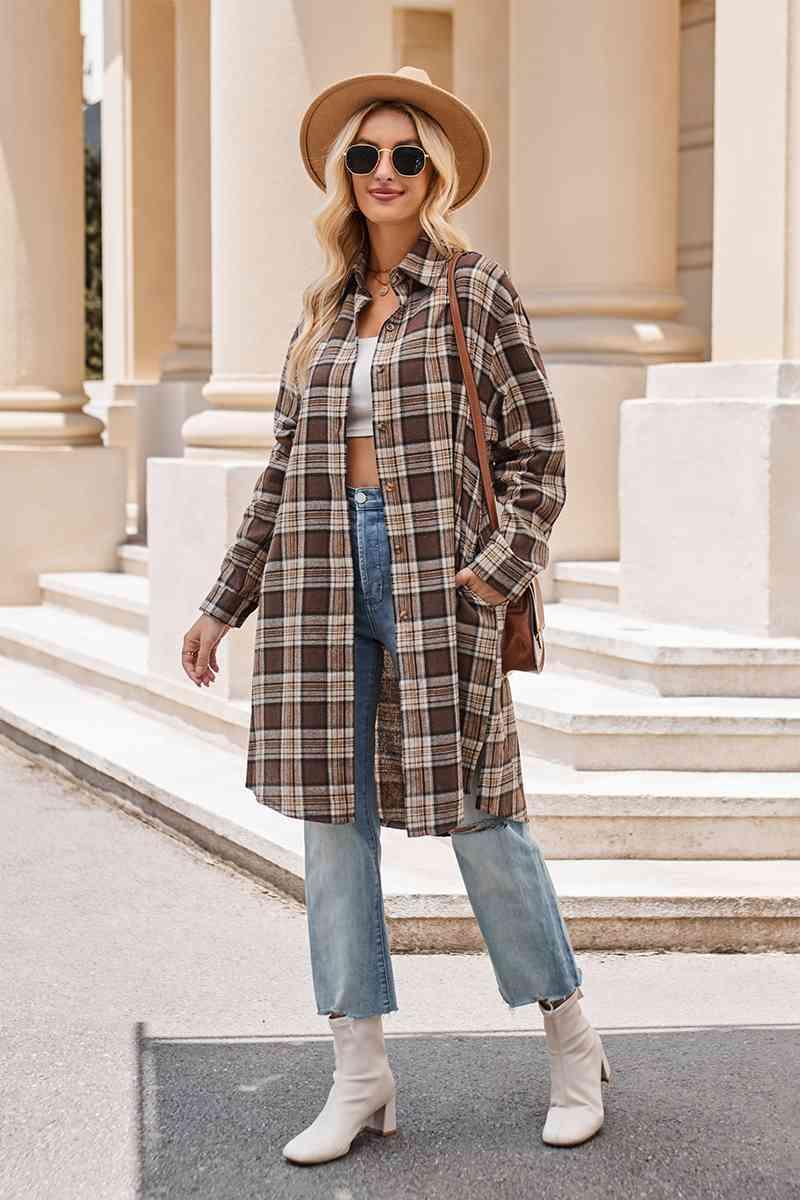 Plaid Collared Neck Long Sleeve Coat - La Pink