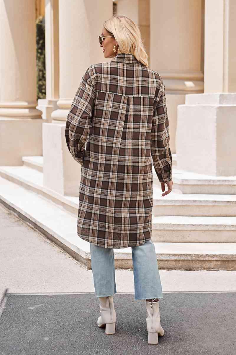 Plaid Collared Neck Long Sleeve Coat - La Pink