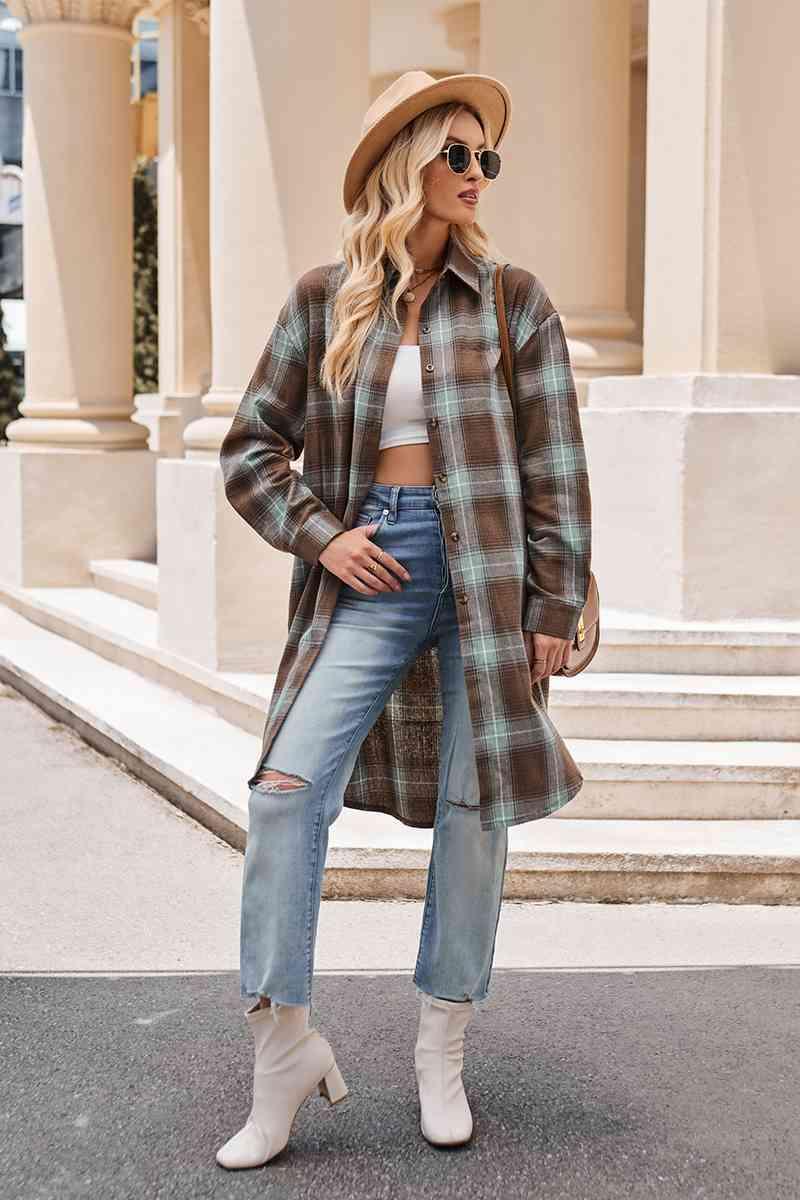 Plaid Collared Neck Long Sleeve Coat - La Pink
