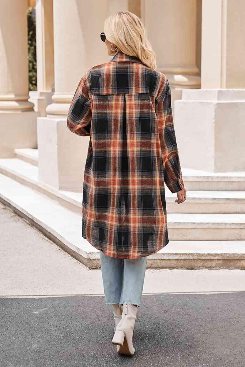Plaid Collared Neck Long Sleeve Coat - La Pink