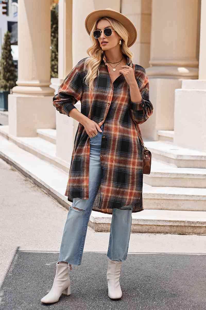 Plaid Collared Neck Long Sleeve Coat - La Pink