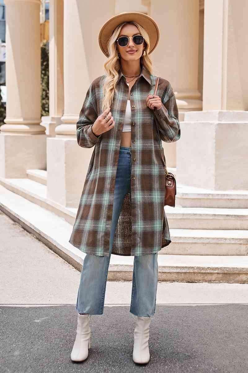 Plaid Collared Neck Long Sleeve Coat - La Pink