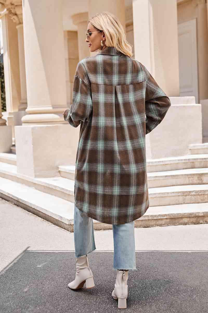 Plaid Collared Neck Long Sleeve Coat - La Pink