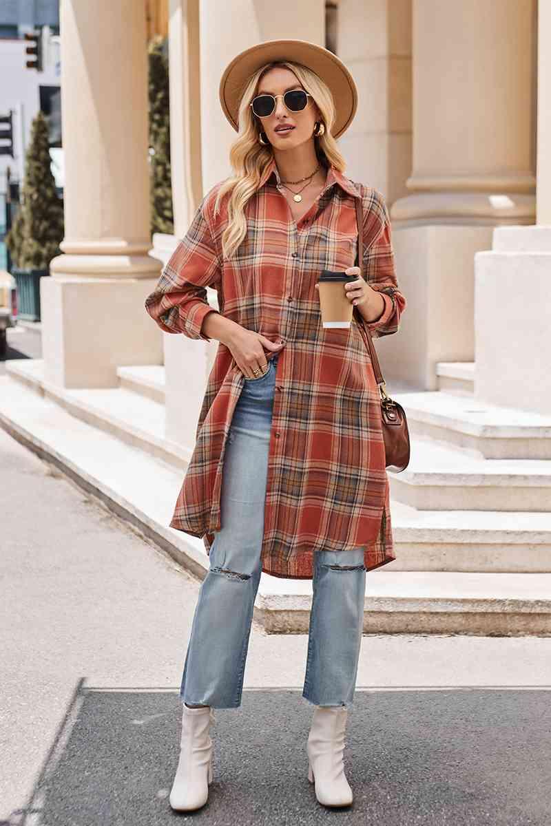 Plaid Collared Neck Long Sleeve Coat - La Pink