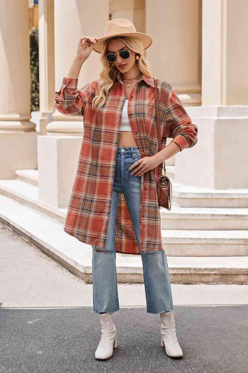 Plaid Collared Neck Long Sleeve Coat - La Pink