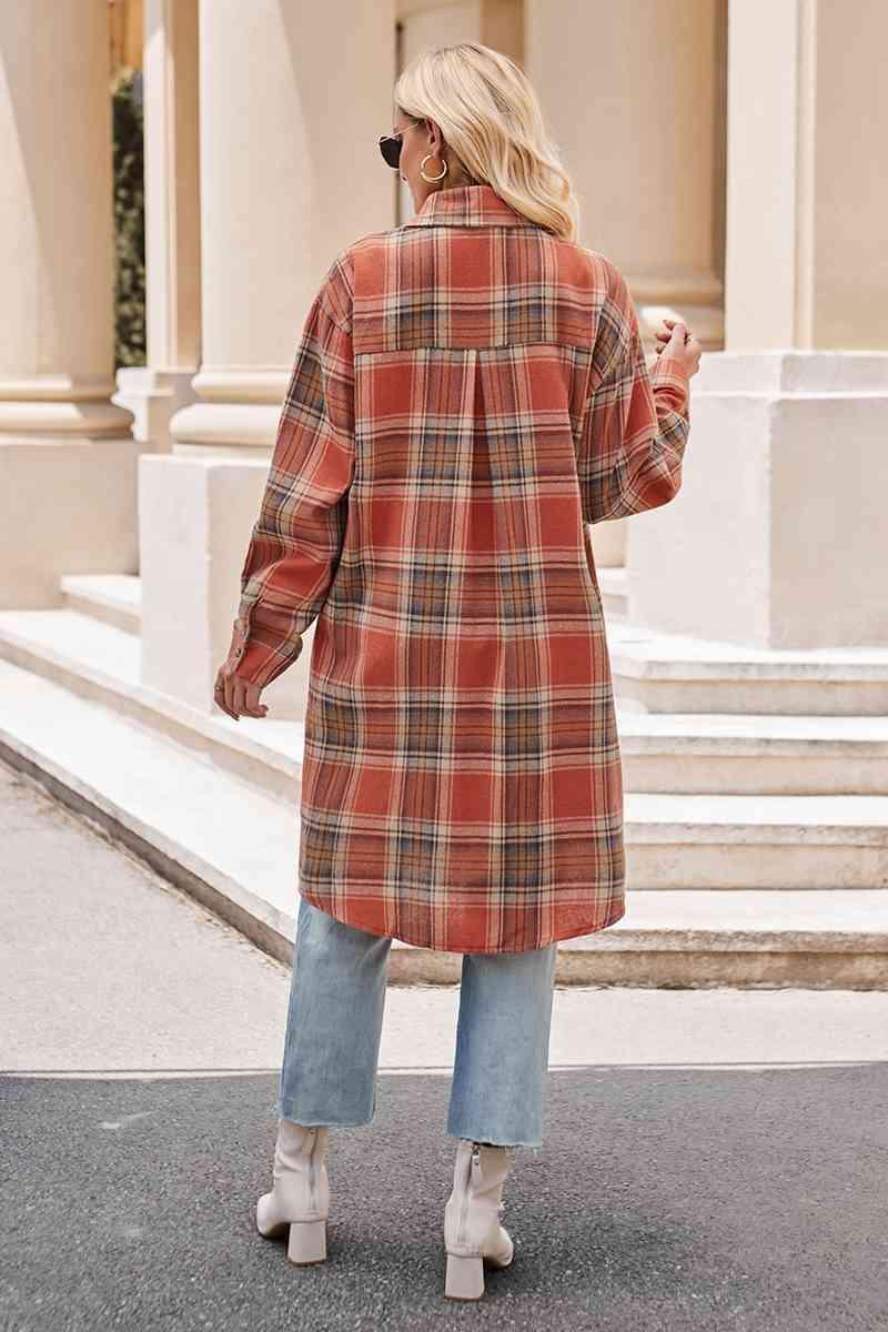 Plaid Collared Neck Long Sleeve Coat - La Pink