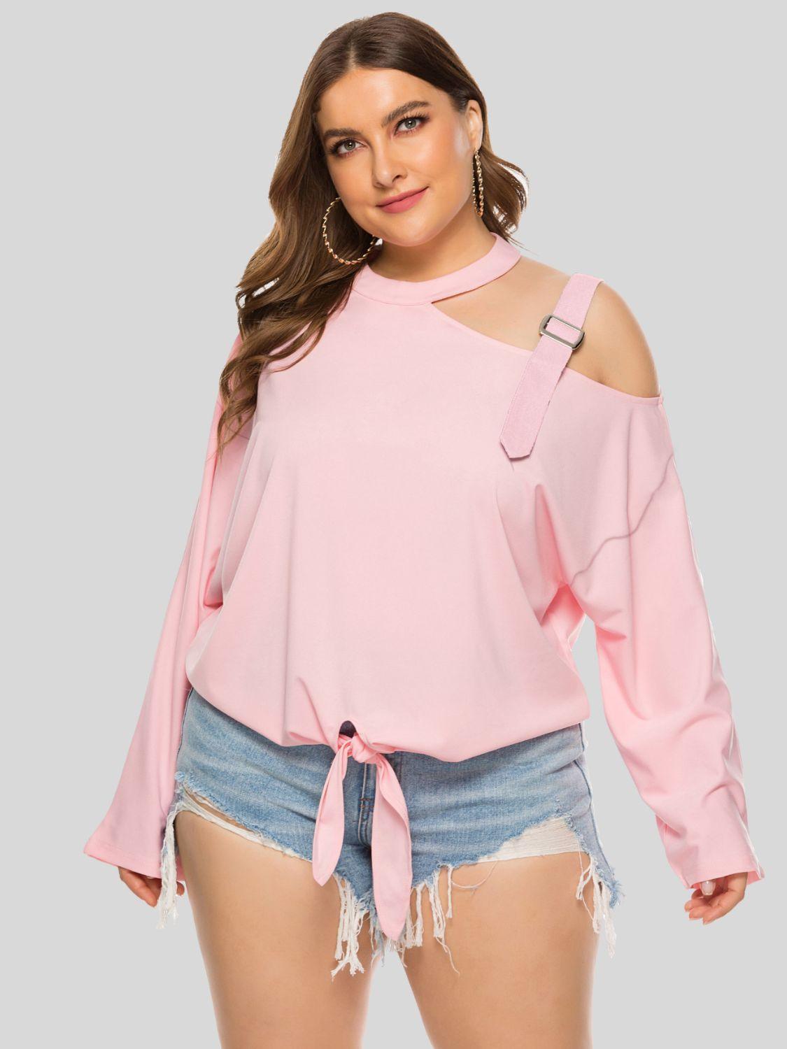 Plus Size Cold-Shoulder Tied Top - La Pink