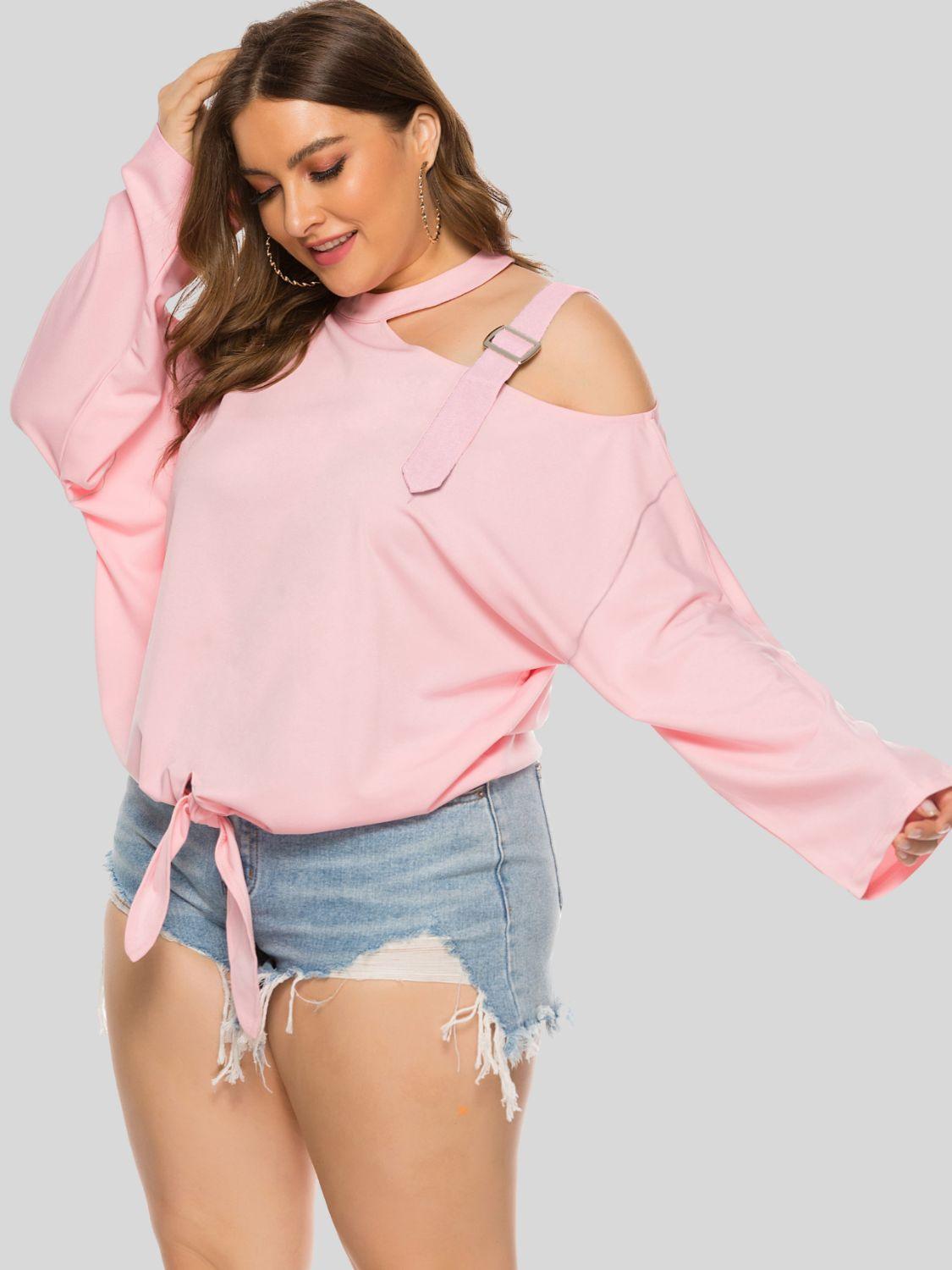Plus Size Cold-Shoulder Tied Top - La Pink