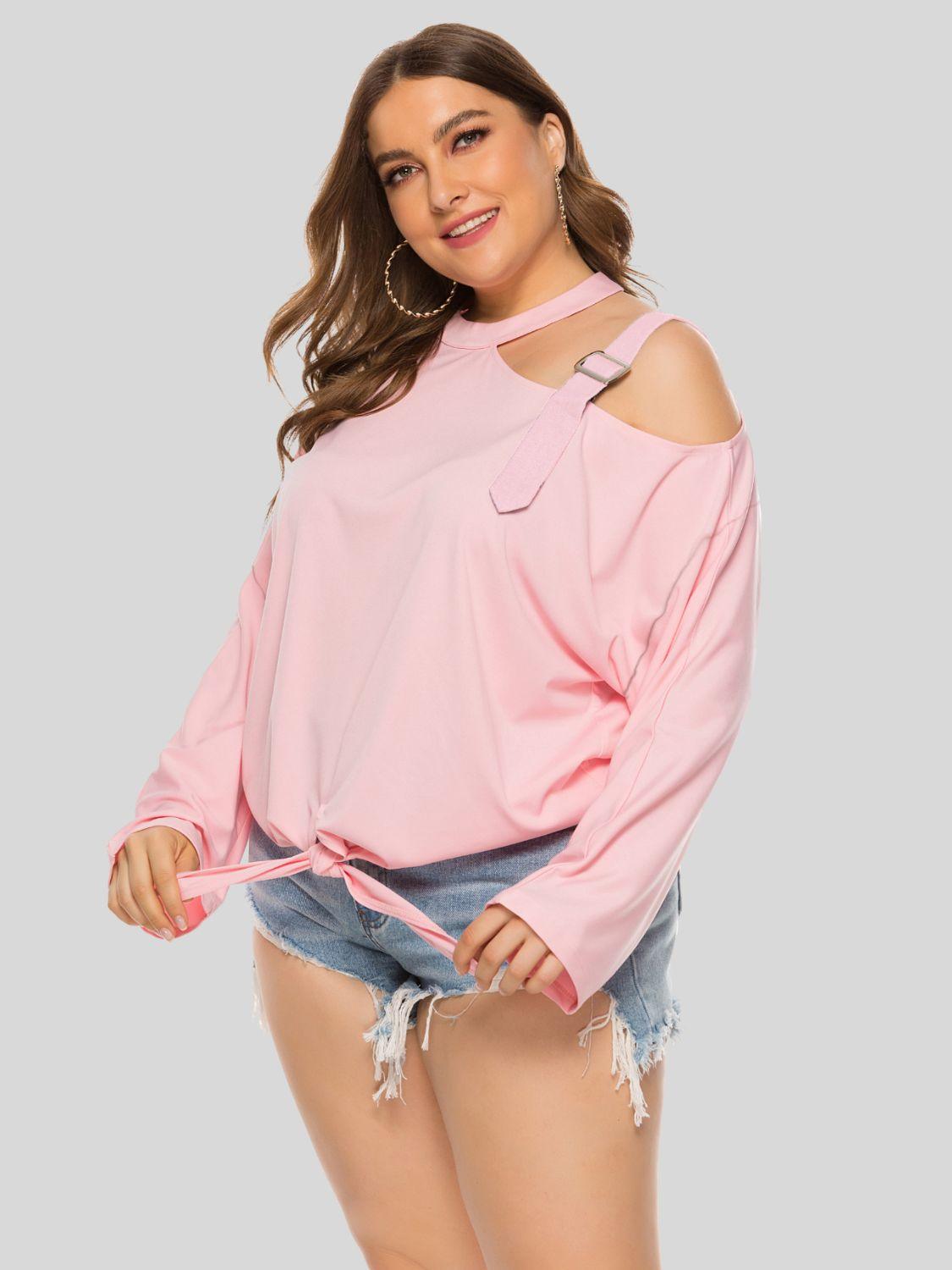 Plus Size Cold-Shoulder Tied Top - La Pink