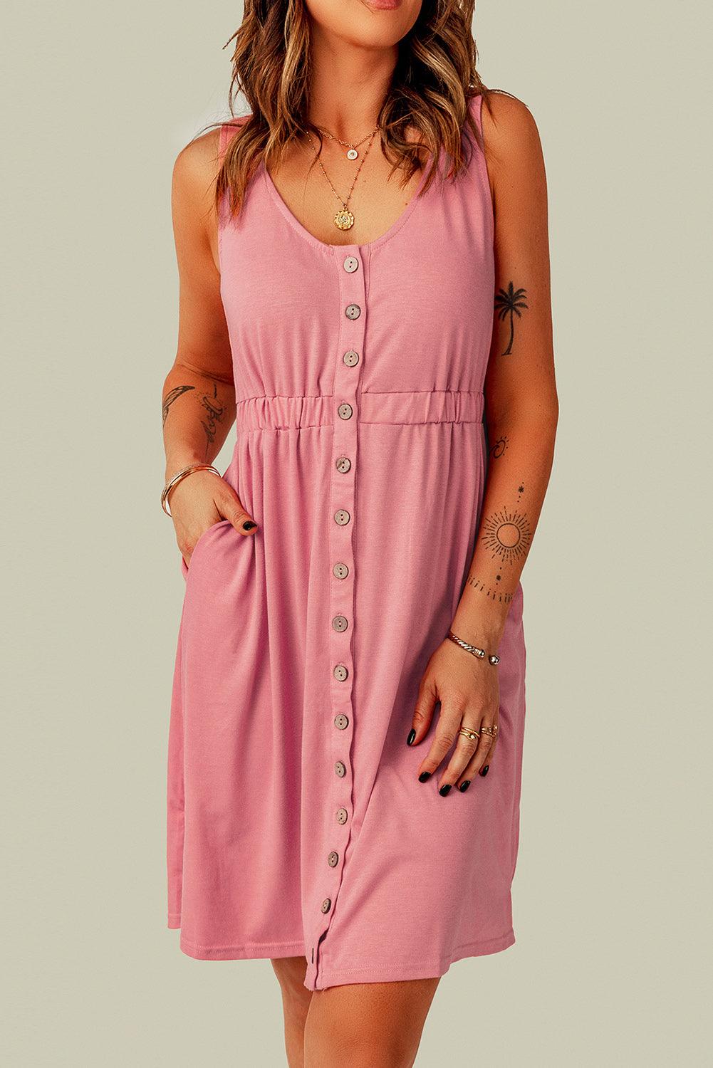 Sleeveless Button Down Mini Dress - La Pink