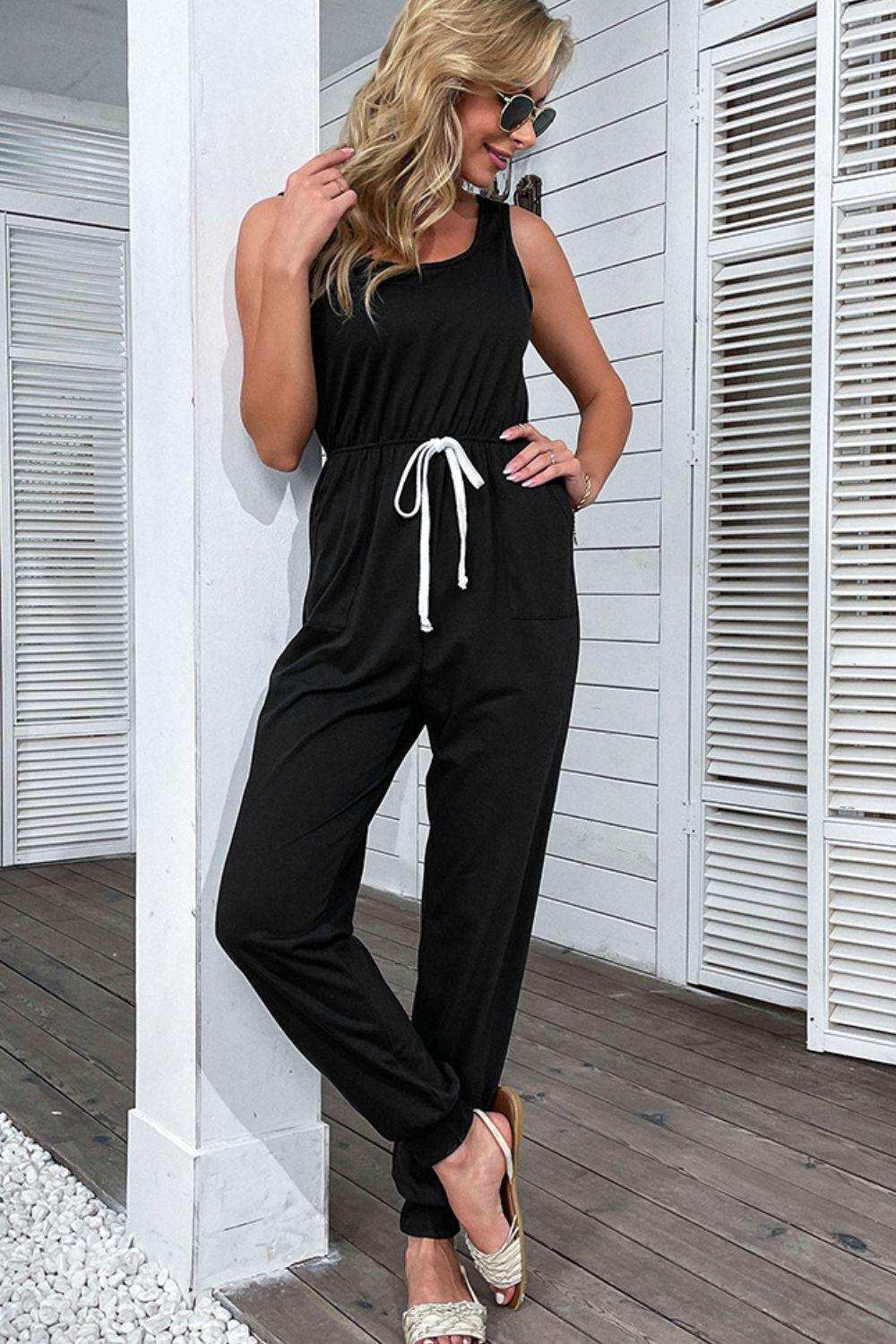 Two-Tone Drawstring Waist Sleeveless Jogger Jumpsuit - La Pink